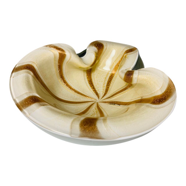 1950s Vintage Alfredo Barbini Italian Murano Cased Glass Dish With Gold and White Swirl For Sale