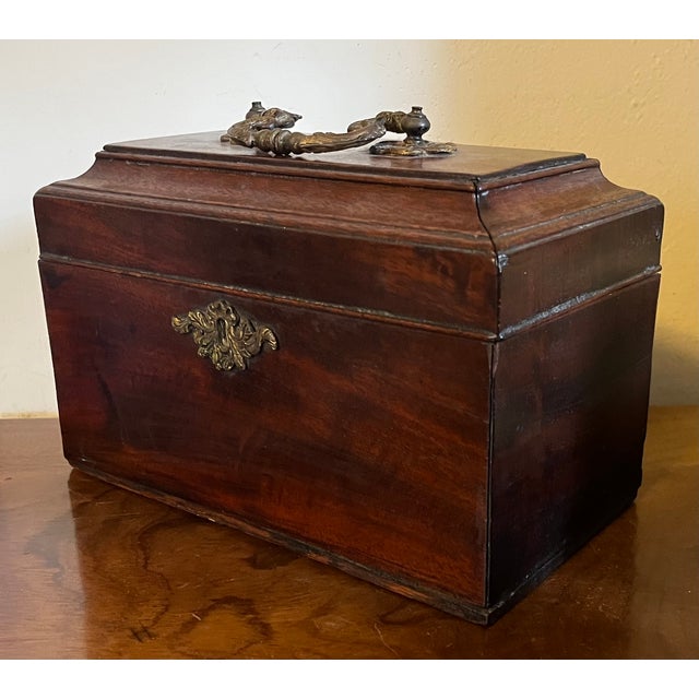 Wood Antique 18th Century English George II Highly Figured Mahogany Tea Caddy Box With Gilt Bronze Handle & Escutcheon For Sale - Image 7 of 12