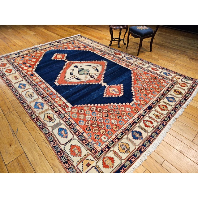 Vintage Turkish Azeri Rug, Hand-Knotted Handspun Wool, Geometric Serapi Pattern, Vegetable Dyes, Navy & Red, 8x11 For Sale - Image 15 of 15