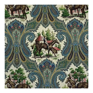 Designer P Kaufmann Teal Tan Green Horse Jockey Equestrian Paisley Toile Fabric Sample For Sale
