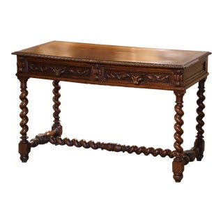 19th Century French Louis XIII Carved Oak Barley Twist Table Desk With Drawers For Sale