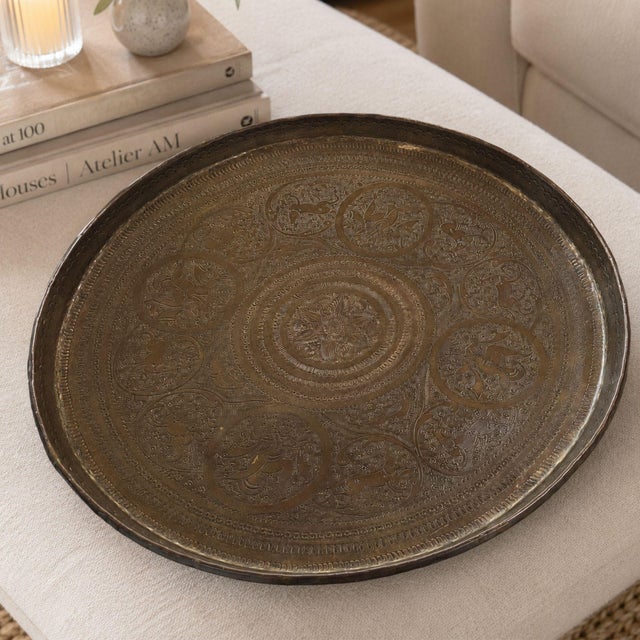 Indian 1900s Antique Indian Brass Tray Large 19 Inch Engraved Benares Coffee Table Charger For Sale - Image 3 of 12