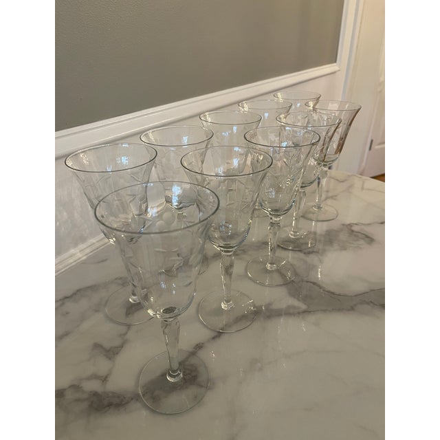 Glass 1950s Set of 10 Vintage Etched and Fluted Floral Wine Glasses For Sale - Image 7 of 10