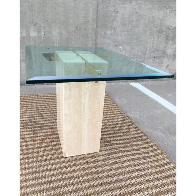 Metal Artedi Brass-X Pedestal Glass End Table in Polished Travertine Italy For Sale - Image 7 of 13