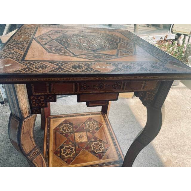 Mid 20th Century Moorish Mother of Pearl Wood Marquetry Inlay Occasional Side Square Tea Table For Sale - Image 10 of 12
