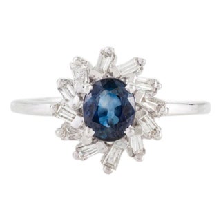 Art Deco Style Blue Sapphire & Baguette Diamond Halo Cluster Ring 14k Gold Size 4 For Sale
