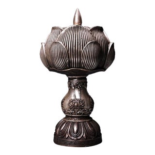Vintage Solid Copper Lotus Censer, High Relief Carved & Silver Washed Stemmed Incense Burner For Sale