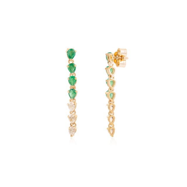 Metal Contemporary Emerald Diamond Wedding Dangle Earrings in 14k Gold- A Pair For Sale - Image 7 of 13
