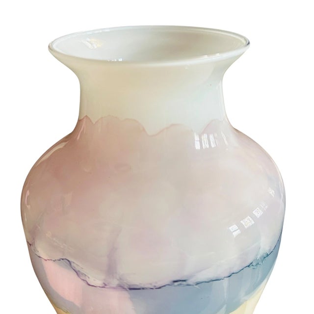 Mid-Century Modern Vintage MCM Murano Style Decorato a Mano Hand Painted White Blue Red Vase For Sale - Image 3 of 6