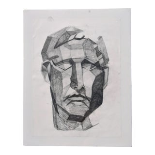 Modern Contemporary Original Planar Face Study Pencil Drawing Signed For Sale