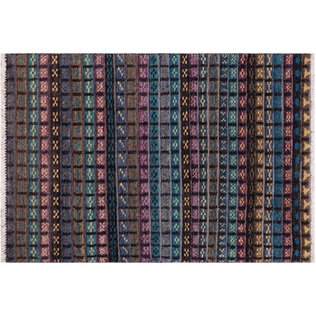 Black Rustic Abstract Black/Blue High Low Wool Rug - 2'11'' X 5'2'' For Sale - Image 8 of 9