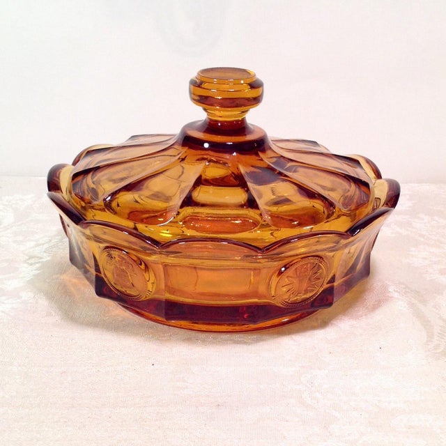 Mid-Century Modern Amber Glass Lidded Candy Dish | Chairish