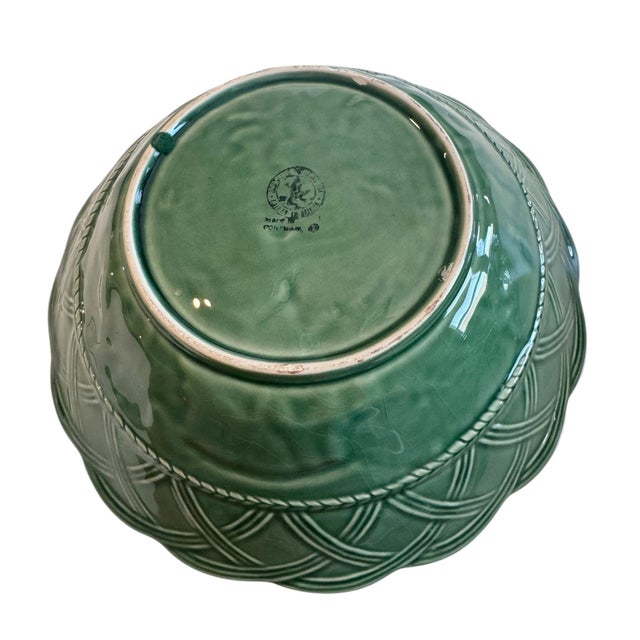 Bordallo Pinheiro Bordallo Pinheiro Majolica Large Serving Bowl With Basket Weave and Strawberry Leaf Motif For Sale - Image 4 of 5