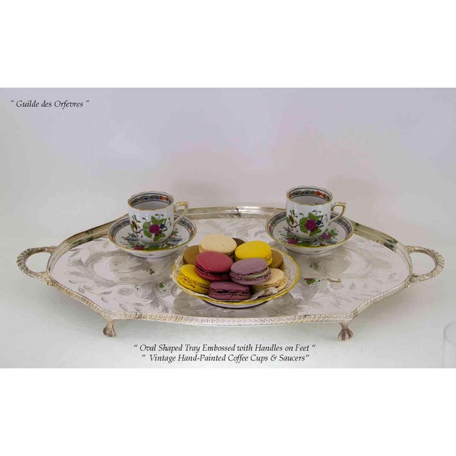 1980’s Vintage/New Silver Oval Shaped Gallery Tray With Feet, Embossed For Sale - Image 4 of 7