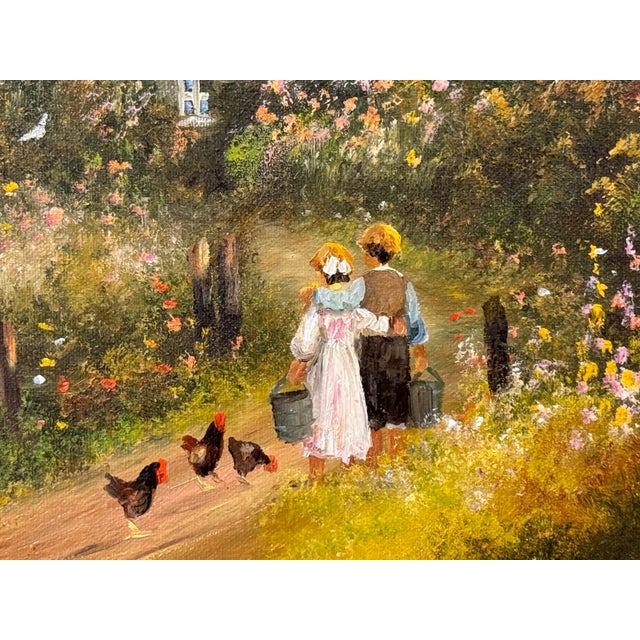 Goldenrod Children holding pails with chickens by a duck pond & cottage in Rural England 1980 Circa For Sale - Image 8 of 18