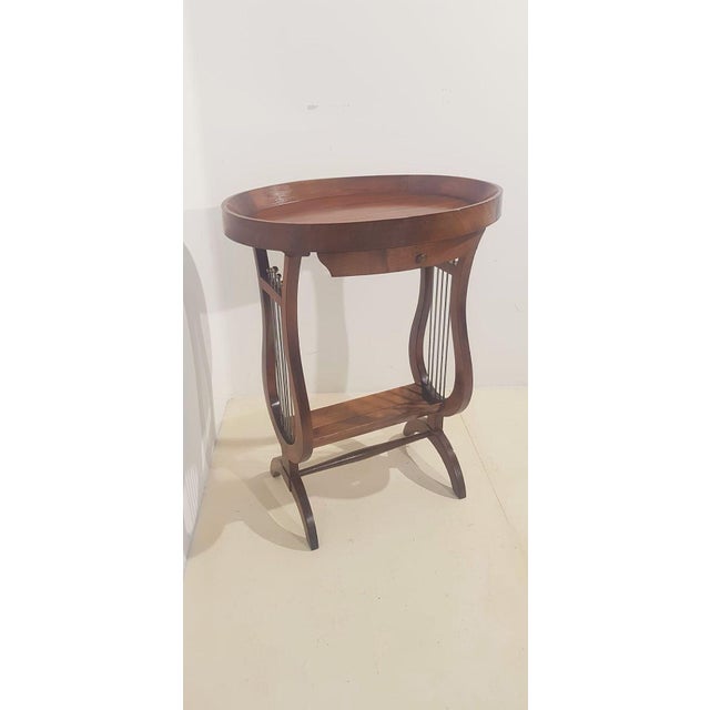 Mid-Century Modern Vintage French Side Table with Lyre-Shaped Legs and Oval Tray Top For Sale - Image 3 of 10