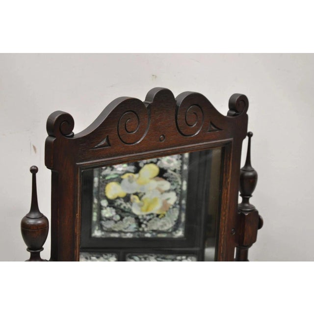 Antique Jacobean Style Carved Oak Wood Pivoting Dresser Shaving Table Top Mirror For Sale - Image 4 of 10