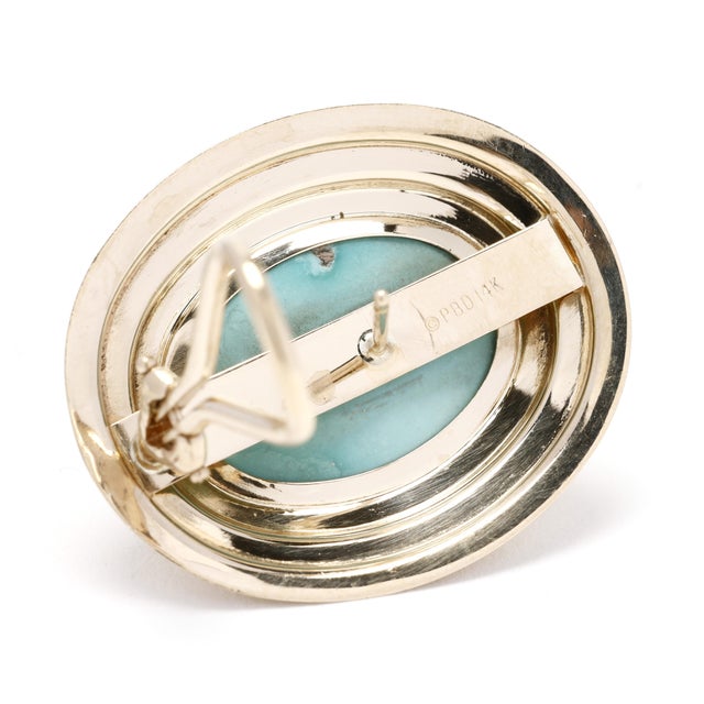 Traditional Vintage Large Turquoise Oval Stud Earrings, 14k Yellow Gold, Length 1 Inch, Pair For Sale - Image 3 of 5