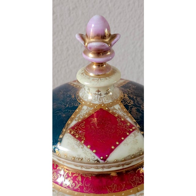 Pair of Antique Austrian Porcelain Urns, Hand-Painted Figural Scenes, Heavy Gilt, C. 1900 For Sale - Image 13 of 18