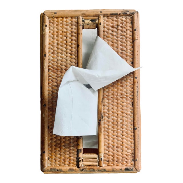 Vintage 1970’s 'Scorched Tortoise' Bamboo, Rattan. Wicker Tissue Box Cover in the Crespi Style For Sale