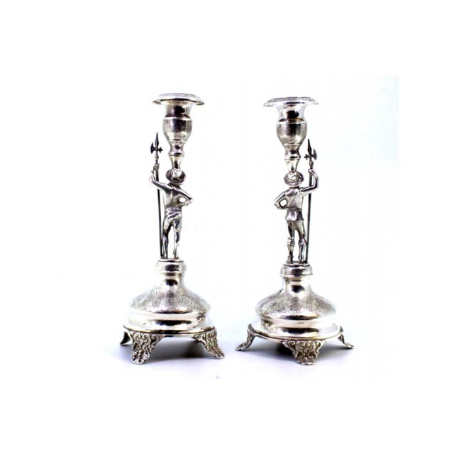 Silver Candlesticks with Halberdiers on Pedestal, Engraved Plant Elements and Embossed Feet, Set of 2 For Sale - Image 3 of 9