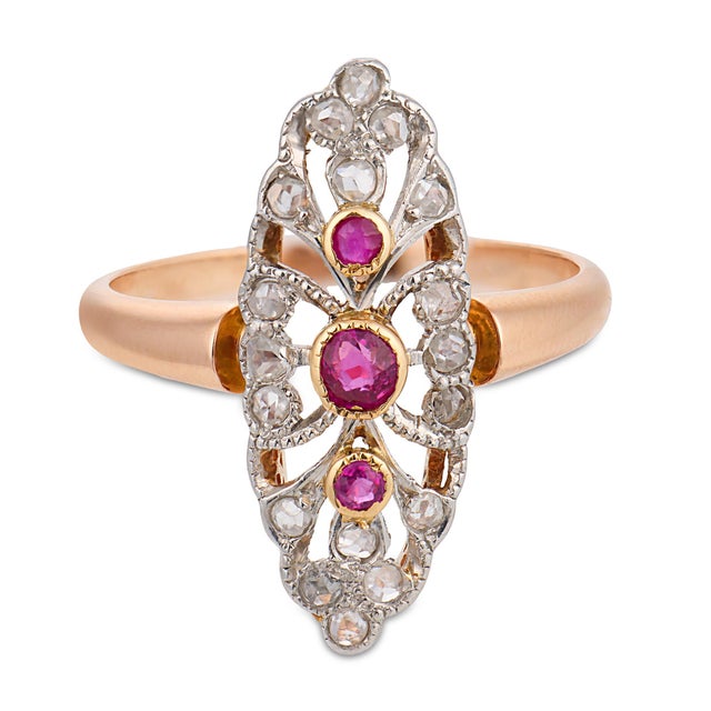 Traditional 1910s French Belle Époque Ruby Diamond 18k Rose Gold Navette Ring, Size 7.25 For Sale - Image 3 of 7