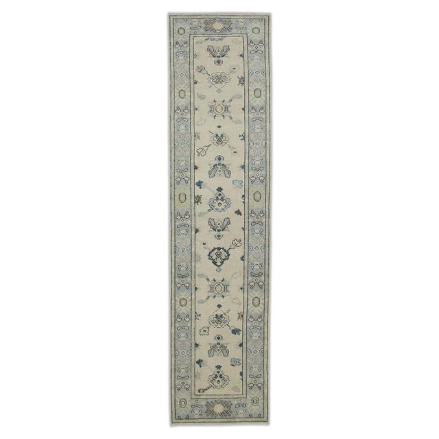 Textile Early 21st Century Cream & Blue Floral Design Handwoven Wool Turkish Oushak Rug 2'4" X 9'10" For Sale - Image 7 of 7