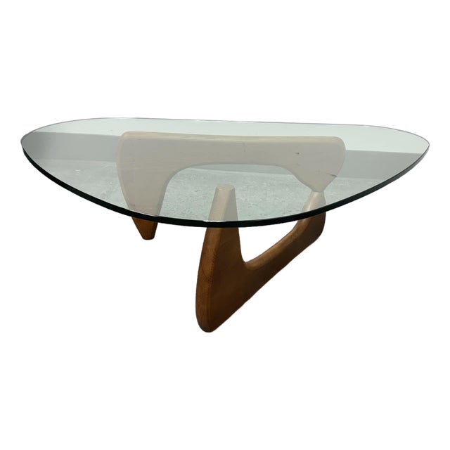 Isamu Noguchi Style Glass + Wood Coffee Table For Sale