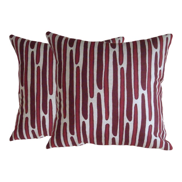 Morris Pillows – Red & Maroon, Hand-Printed Cotton Linen- Set of 2 For Sale