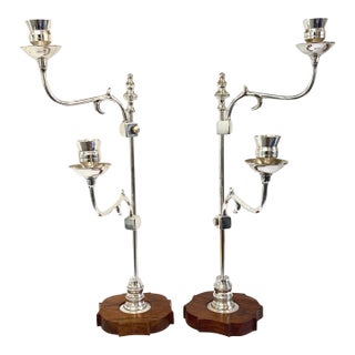 Pair of English Sheffield Plate Adjustable Candle Holders on Wood Bases-Circa 1890 For Sale