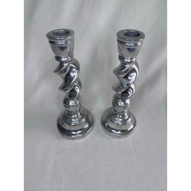 Mid 20th Century Vintage English Traditional Barley Twist Small Silver Tone Candlesticks, a Pair For Sale - Image 5 of 11