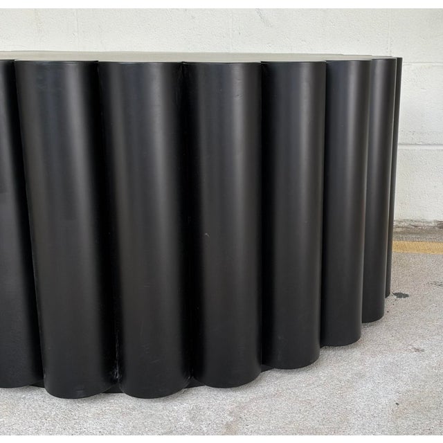 Original retail $1911, stylish Noir Company Modern Black Steel Scalloped Rose Coffee Table, showroom floor sample