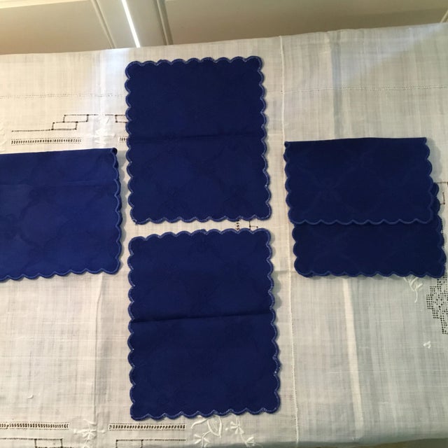 1980s Frette Cocktail Napkins, Blue Damask With Ribbon Pattern and Scalloped Edge Made in Italy Circa 1980’s For Sale - Image 5 of 7