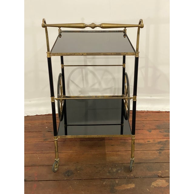 French Brass and Black Vitrolite Glass Bar Cart, 1950s For Sale - Image 4 of 12