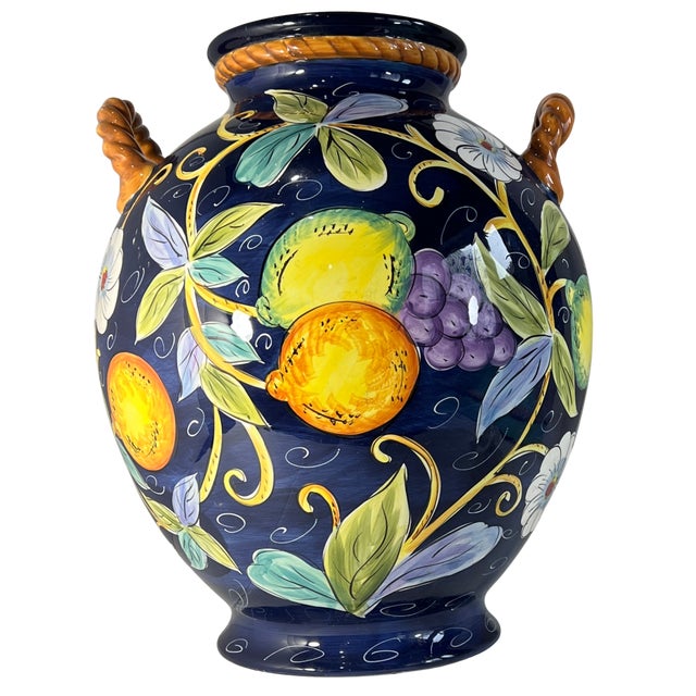 Blue Large 16+ In. Villa Bellagio Majolica Orcio Cobalt Blue Fruit Double-Handled Jug Urn Vase For Sale - Image 8 of 18