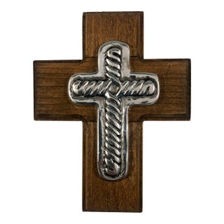1990s Mexican Pewter on Wood Cross Wall Plaque For Sale