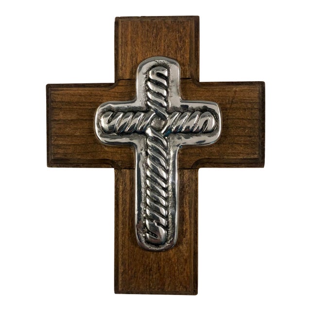 1990s Mexican Pewter on Wood Cross Wall Plaque For Sale