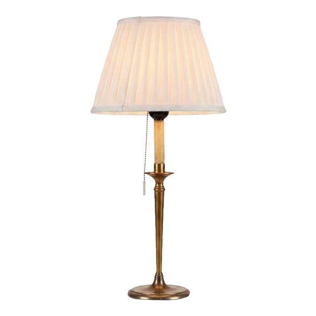 Vintage Brass Table Lamp, Worn Silver-Tone Finish, Pleated Shade, 1940s For Sale