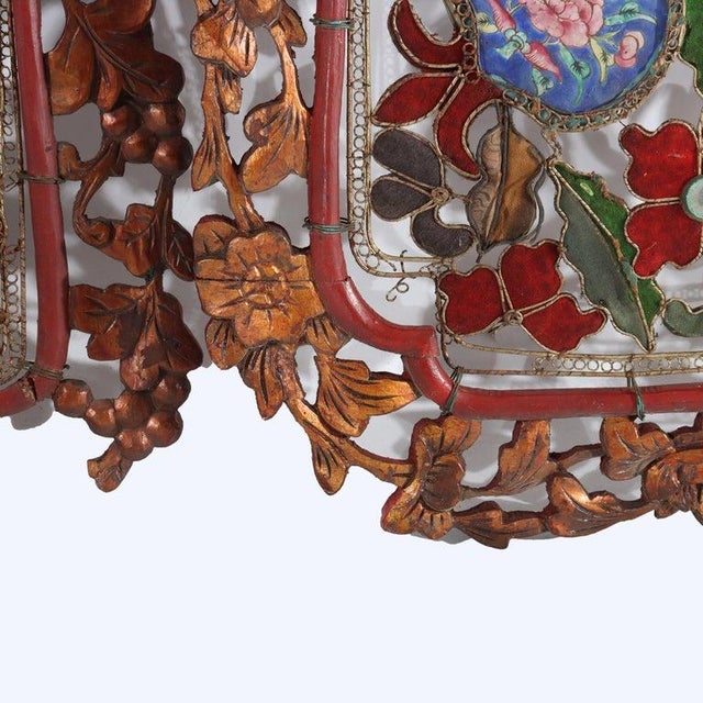 Pr Antique Chinese Floral Carved Hardwood, Enameled Copper, Silk & Mica Screens For Sale - Image 6 of 8