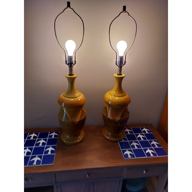 Yellow Pair of 1960s Mid Century Modern Drip Glaze Lamps For Sale - Image 8 of 12