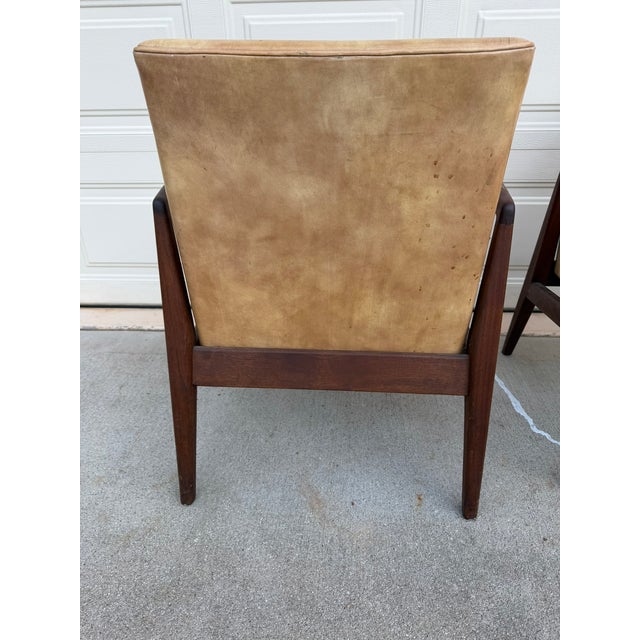 Wood Walnut Armchairs - Jens Risom Design - Original Naugahyde, Labeled, 1960s For Sale - Image 7 of 15