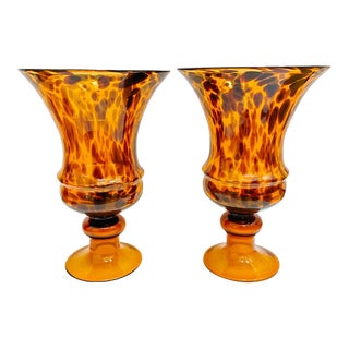 Vintage Tortoiseshell Glass Footed Urn Vases - Set of 2 For Sale