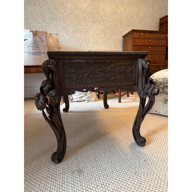 Late 19th Century Antique French Art Nouveau Hand-Carved Walnut Writing Desk With Iris & Dragonfly Motifs For Sale - Image 5 of 6