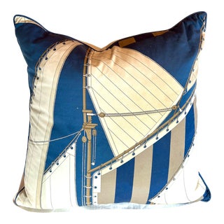 Vintage Nautical Chic Blue and Tan Striped Decorative Pillow For Sale