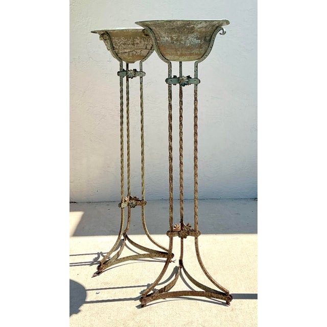 Mid 20th Century Vintage Patinated Twisted Wrought Iron and Copper Plant Stands For Sale - Image 5 of 12