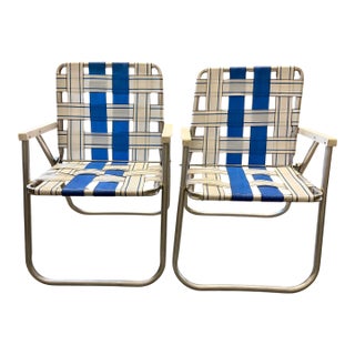 Vintage Aluminum Lawn Chairs Set-Mid Century-Webbed-Folding-Patio Pair-Retro For Sale