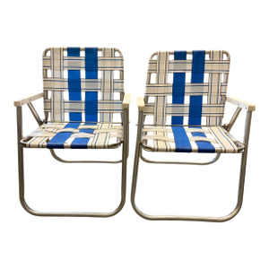 Vintage Aluminum Lawn Chairs Set-Mid Century-Webbed-Folding-Patio Pair-Retro