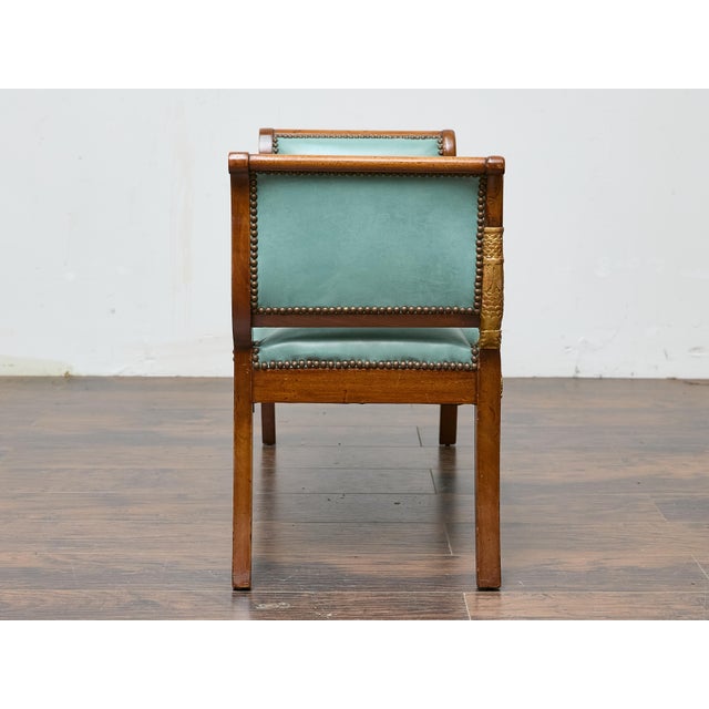 English Regency Mahogany Leather Bench with Gilt Dolphin Armrests For Sale - Image 9 of 12