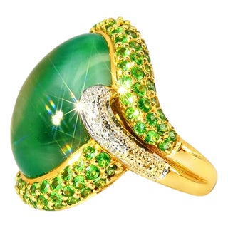 Late 20th Century 14K Gold Cabochon Green Amethyst Tsavorite Pave Diamond Ring, Size 6.5 For Sale