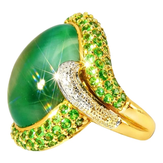 Late 20th Century 14K Gold Cabochon Green Amethyst Tsavorite Pave Diamond Ring, Size 6.5 For Sale